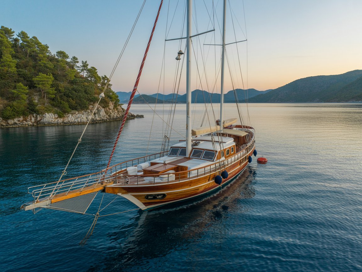 Sabah ışığında ıssız bir Göcek koyunda demirli ahşap gulet