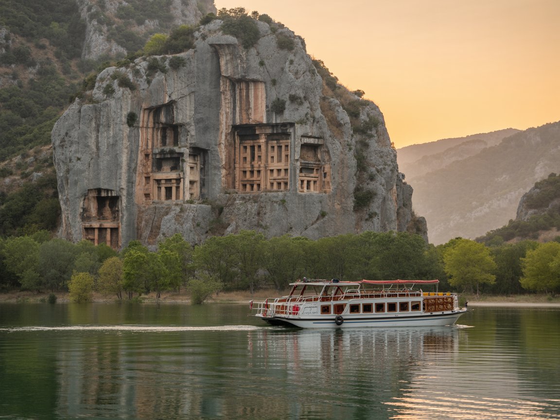 Dalyan nehri üzerinde kayık, karşıda kayaya oyulmuş antik tapınak cepheli mezarlar