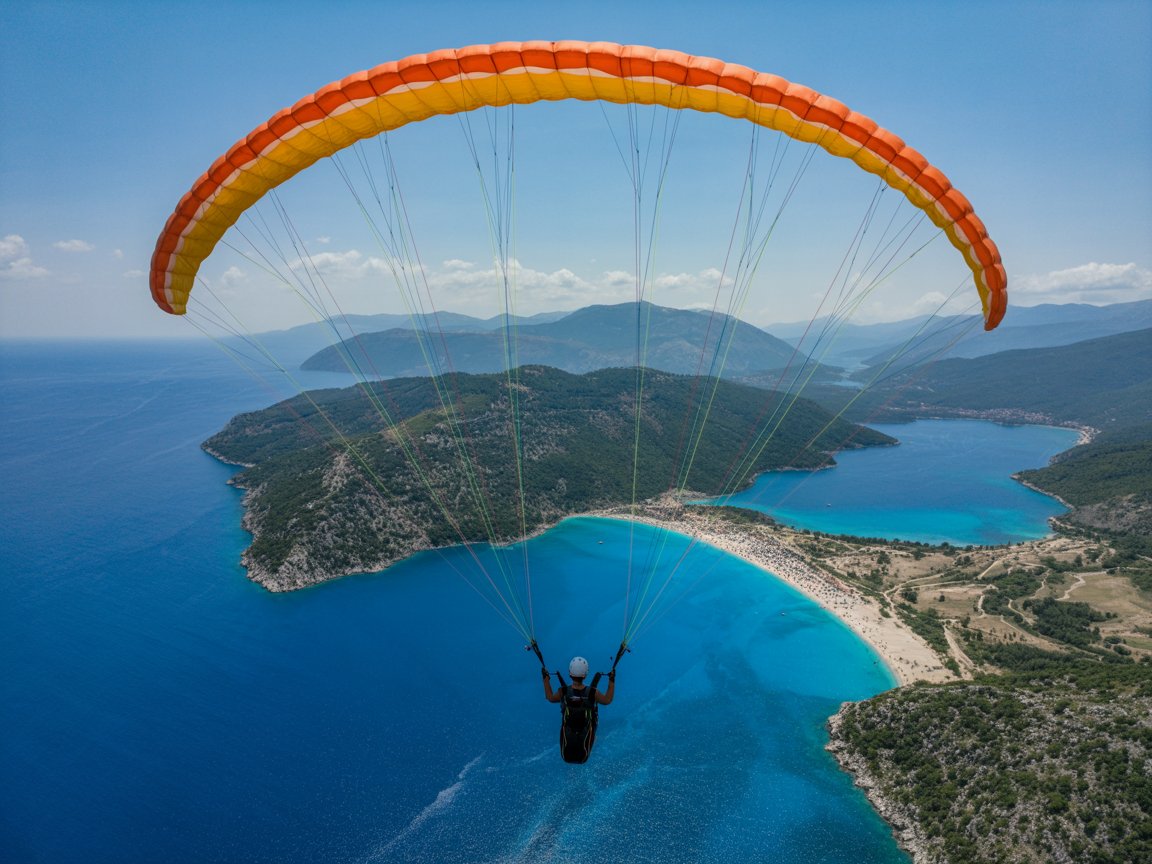 Babadağ’dan kalkış sonrası havada paraşüt, aşağıda Ölüdeniz lagünü mavi