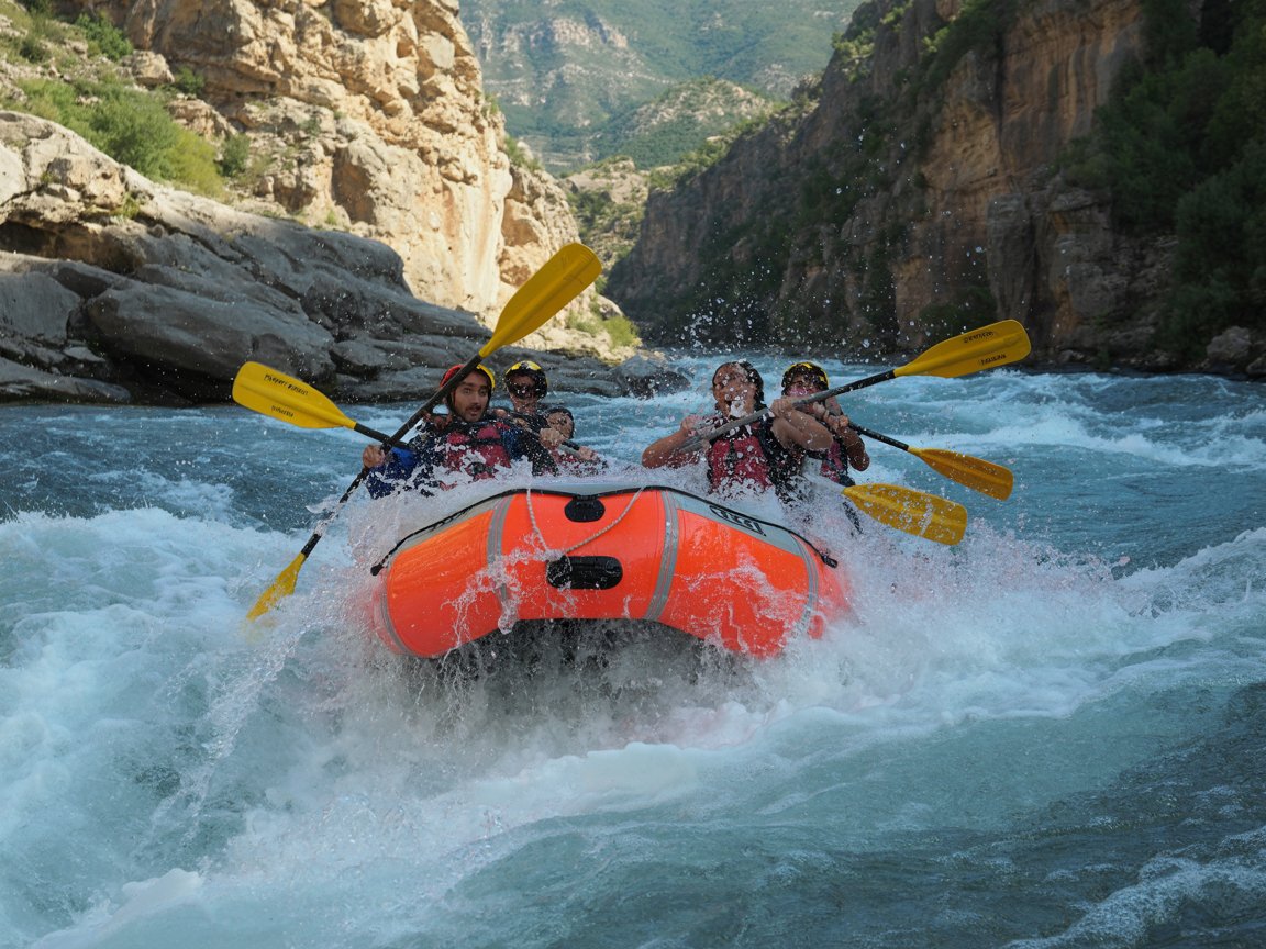 Çay üzerinde rafting botu, etrafında köpüklü sular, vadi içinde