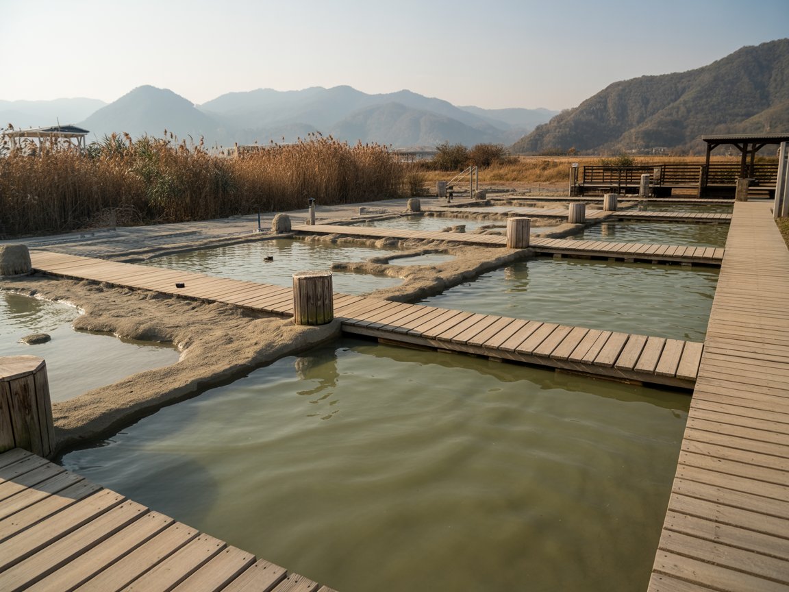 Sultaniye kaplıcaları kıyısında doğal çamur havuzları, arkada Dalyan’ın yeşili