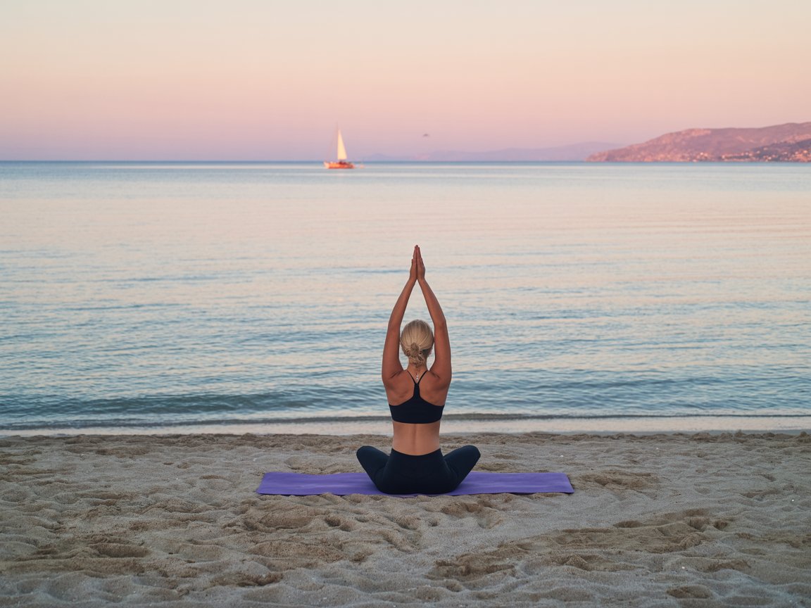 Sahilde gün doğumunda yoga matı, denizde uzakta tek bir tekne